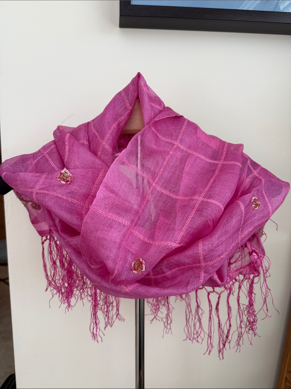 Pink Embroidered Fringe Scarf - Women's Accessory